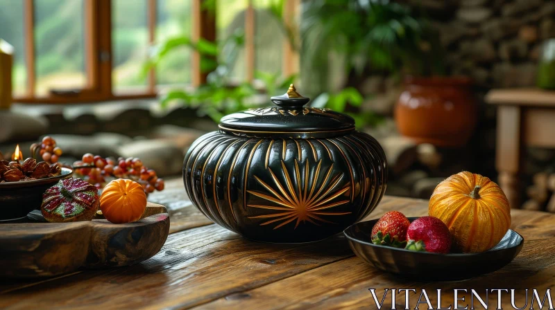 Black Ceramic Bowl with Geometric Pattern on Wooden Table AI Image