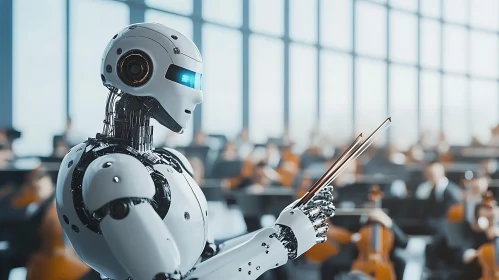 AI Robot Conducting Orchestra with Violin