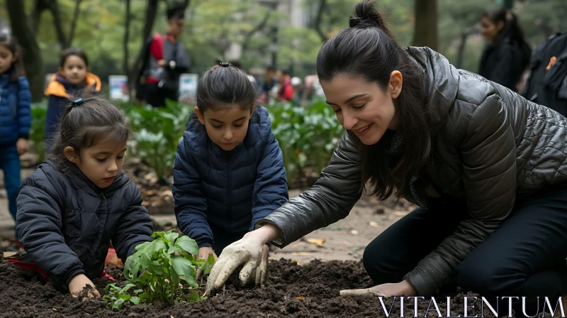 Children Planting With Woman In Park AI Image