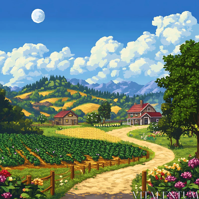 AI ART Peaceful Countryside Pixel Art Illustration