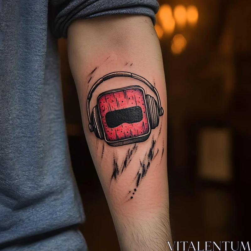 Tattoo of Headphones on Red Square Object with Distressed Effect AI Image