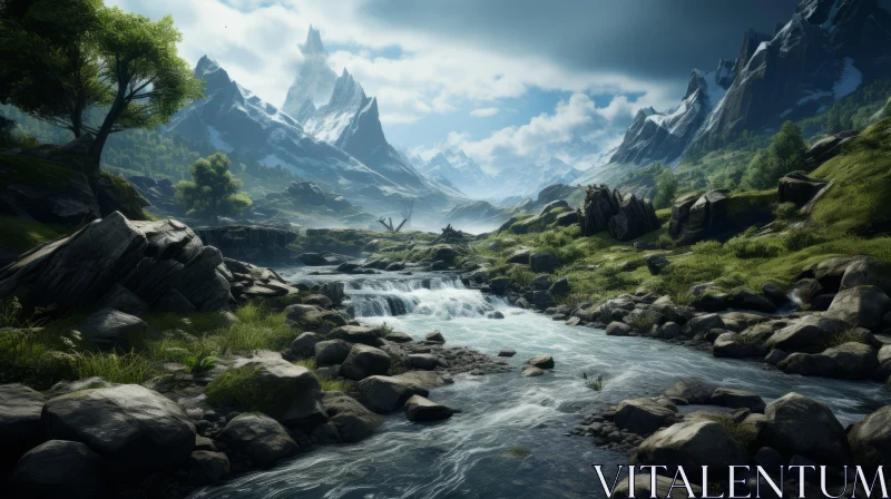Enchanting Electronic Mountain and River Scene AI Image