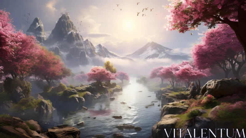 Enchanting Fantasy Landscape with Pink Trees and Mountainous Vistas AI Image