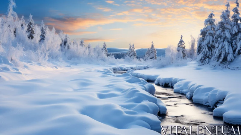 Ethereal Winter Landscape with Snowy Trees and Stream AI Image