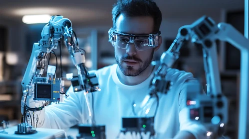 Man and Robotic Arms in Blue Light