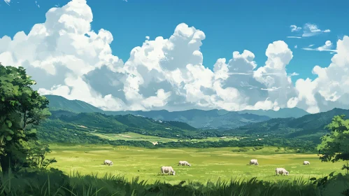 Pastoral Scene: Sheep in Green Field