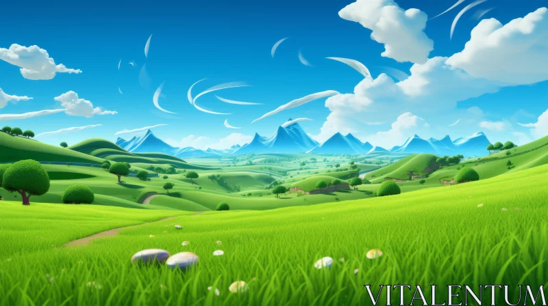 Lush Green Cartoon Landscape with Realistic Textures AI Image