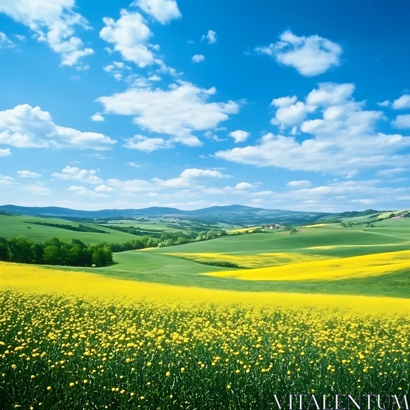 Rolling Hills and Yellow Flowers Landscape AI Image