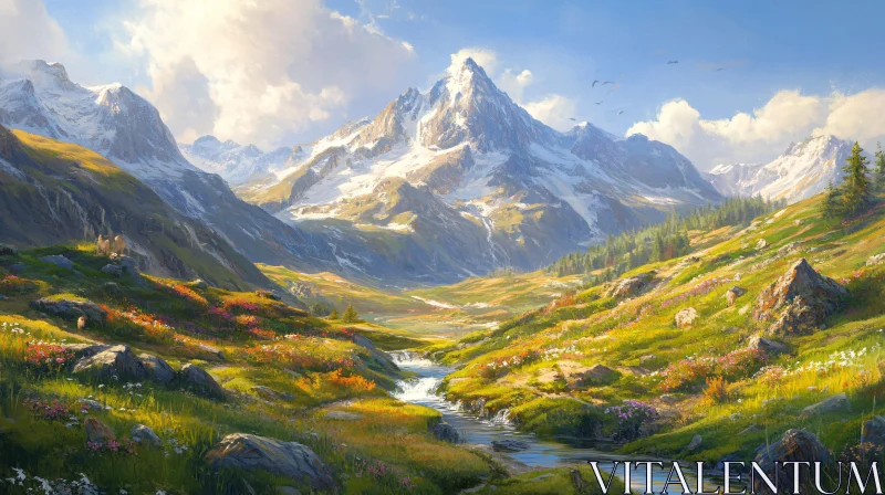 Serene Mountain Landscape with Lush Meadow AI Image