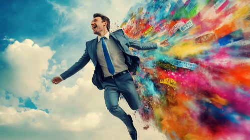 Man's Joyful Jump in Colorful Sky