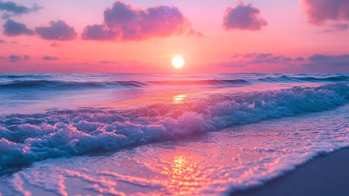 Serene Coastal Sunset with Gentle Waves and Colorful Sky