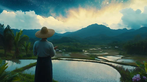 Tranquil Rice Fields and Distant Mountains