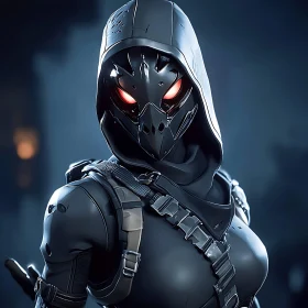 Hooded Cyborg Warrior with Piercing Red Eyes