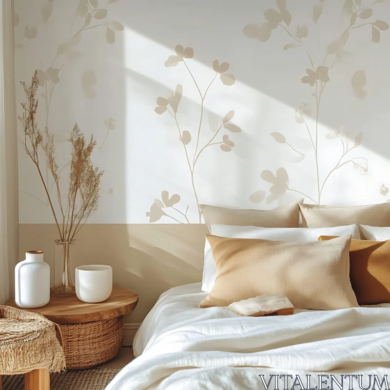 Neutral Bedroom with Floral Wallpaper Design AI Image