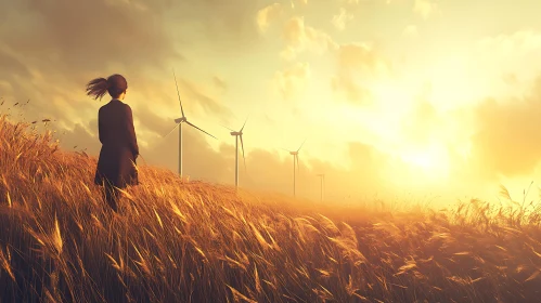 Contemplation at Sunset: Wind Turbines and Nature