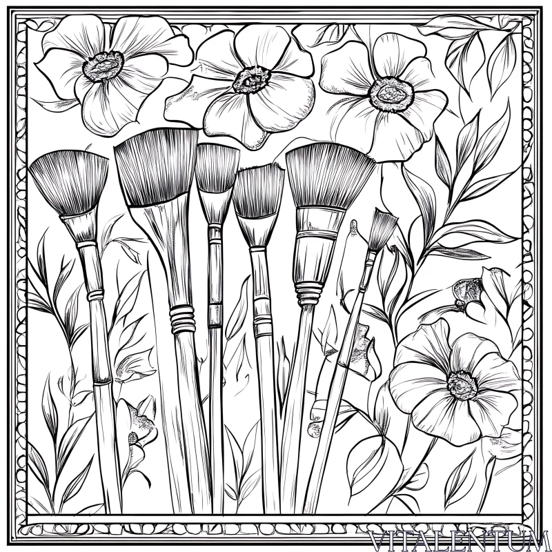 Detailed Paintbrush and Flower Line Art AI Image