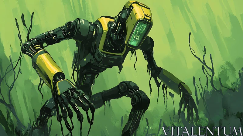 AI ART Crouching Mechanical Being in Verdant Ambience