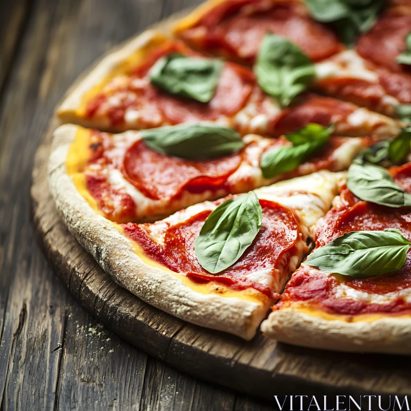 AI ART Delicious Pepperoni Pizza with Fresh Basil Leaves