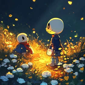 Stylized Characters in a Flower Field