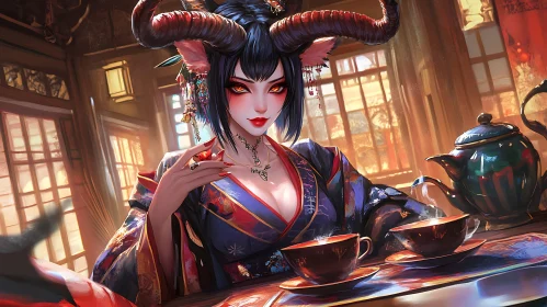 Fantasy Demon Woman with Tea