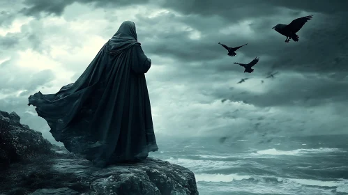 Mysterious Figure Overlooking Stormy Ocean