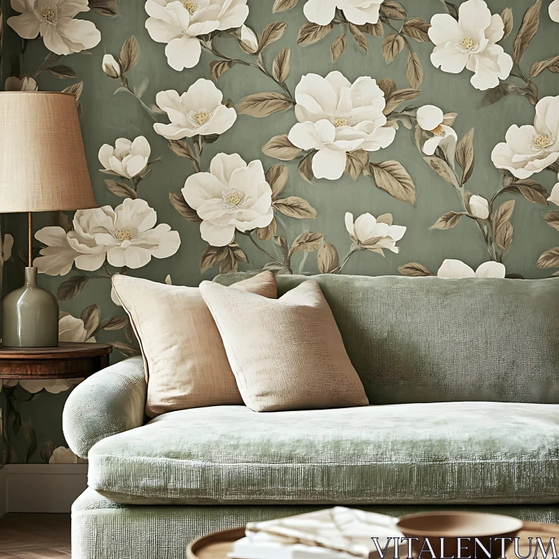 Floral Wallpaper and Sofa Interior Scene AI Image