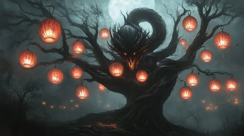 Eerie Tree with Glowing Lanterns at Night