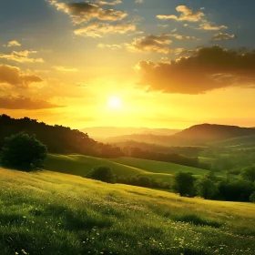 Peaceful Sunset Landscape with Green Hills