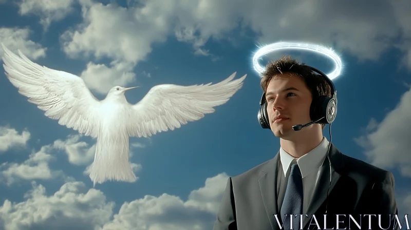 AI ART Heavenly Help: Man, Dove, and Halo