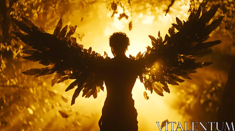 Figure with Leafy Wings in Golden Light AI Image