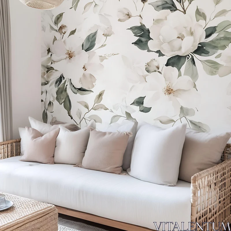 Neutral Interior with Floral Accent Wall AI Image