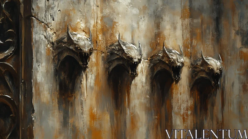 AI ART Demonic Stone Heads on Grunge Wall