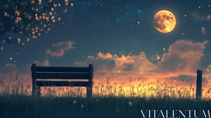 AI ART Peaceful Night Scene with Moon and Bench