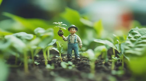 Tiny Farmer with Sprout in Green Field