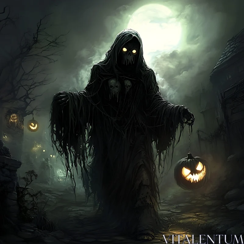 AI ART Moonlit Haunt: Ghostly Figure with Pumpkin