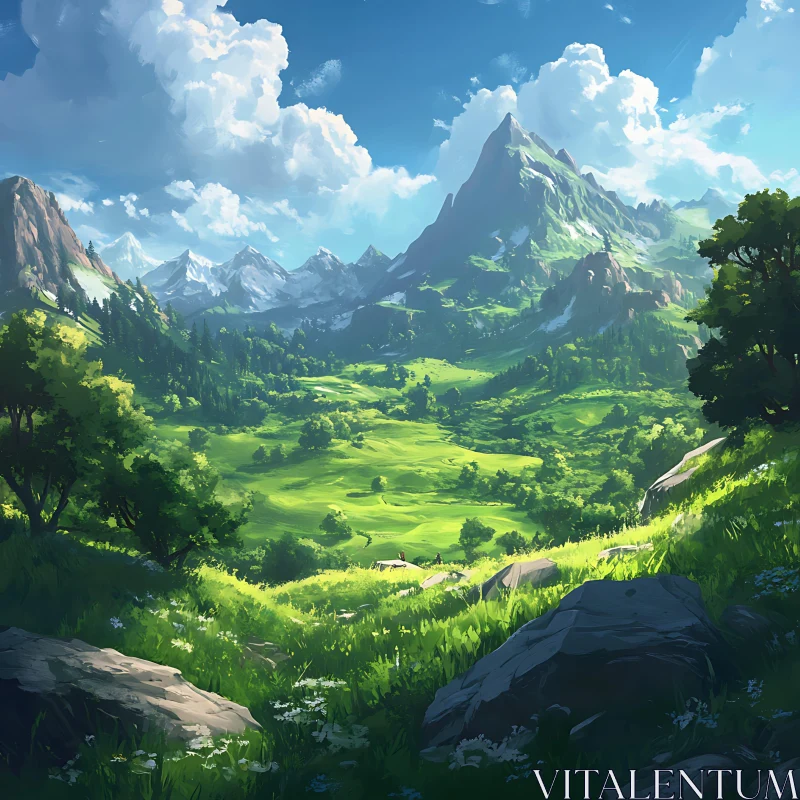 Green Valley with Mountains AI Image