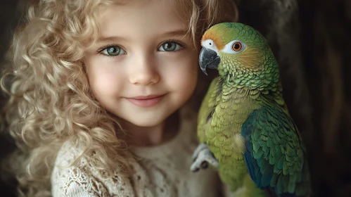 A Child's Bond with a Green Parrot