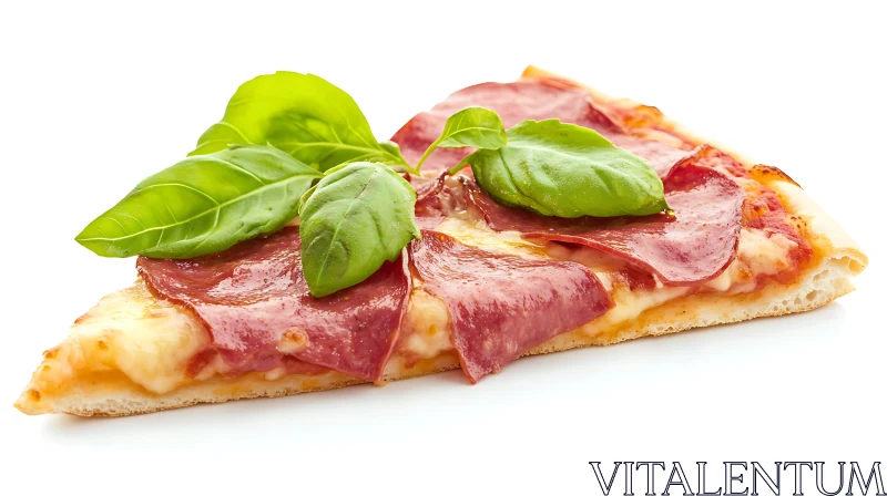 Savory Pizza Slice with Pepperoni and Basil AI Image