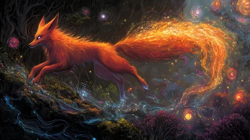 Glowing Fox Leaping Through Magical Woods