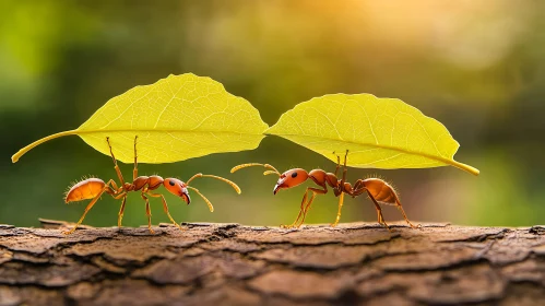 Ants Collaborating with Leaves on Tree Branch