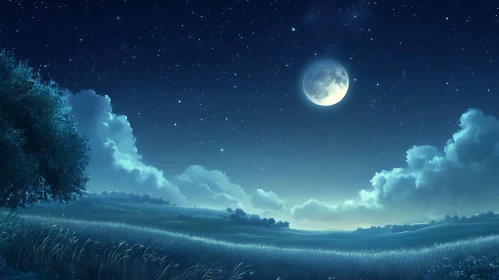 Starry Night with Moon and Field