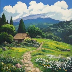 Idyllic Landscape with Cottage and Mountain