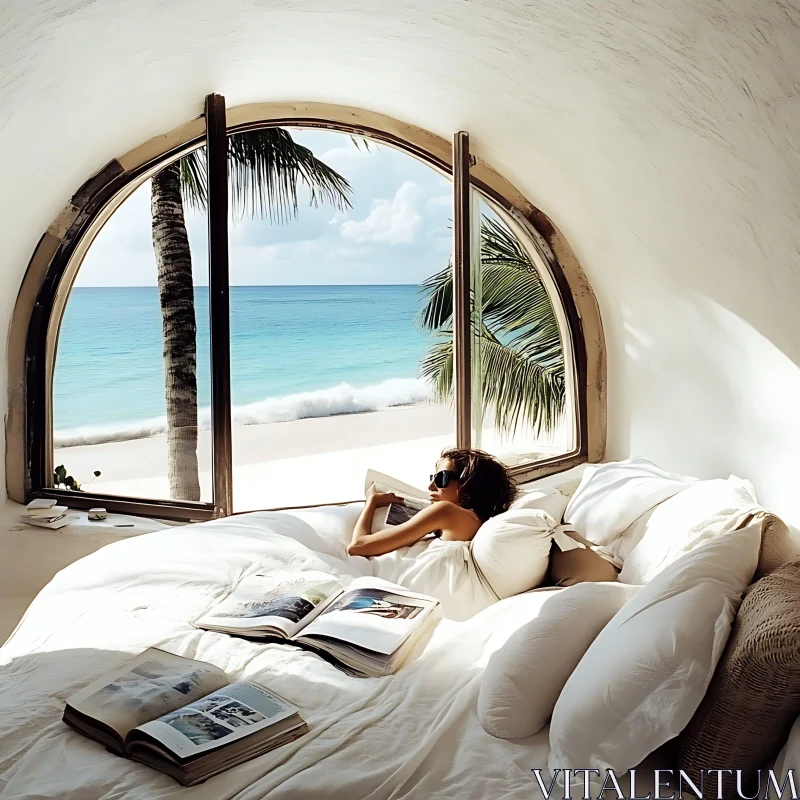 Serene Beach View from Bed AI Image