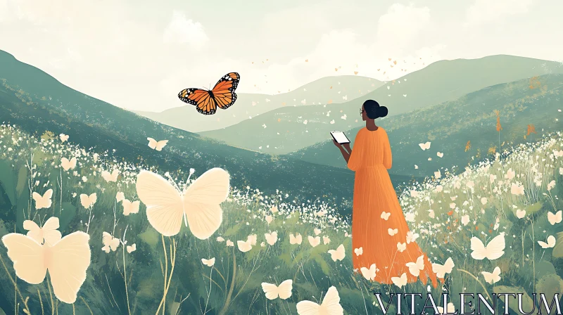 Woman in Orange Dress in Butterfly Meadow AI Image