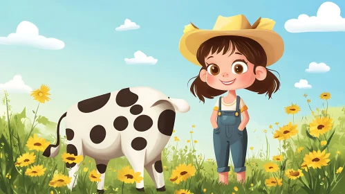 Cartoon Girl with Cow