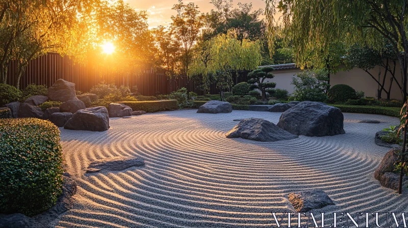 Serene Japanese Garden with Raked Sand AI Image