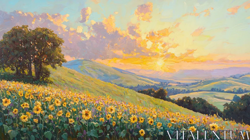 Golden Sunset over Sunflower Meadow AI Image