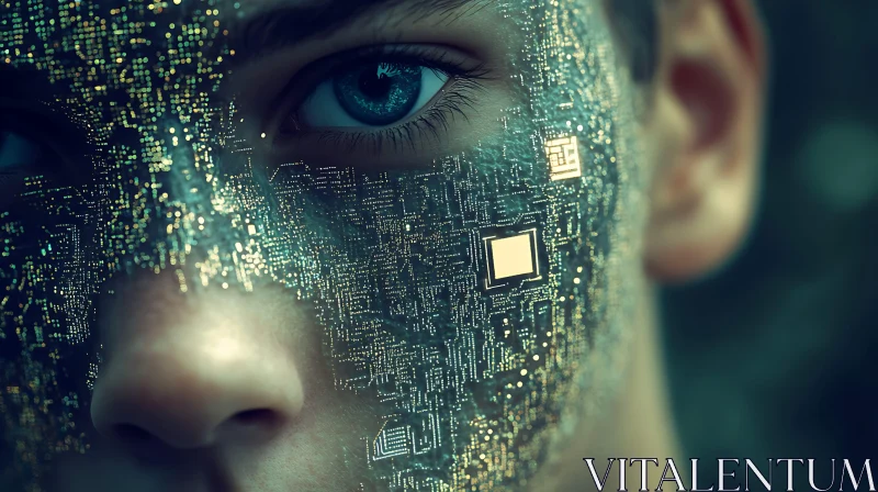 Close-up of a Cyborg Face with Digital Circuit Patterns AI Image