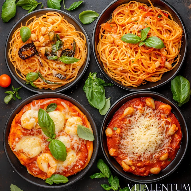 Diverse Italian Pasta Plates with Herbs AI Image