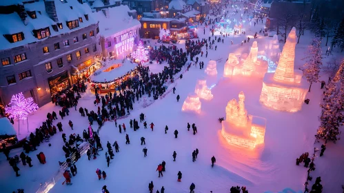 Festive Winter Scene in Snow-Covered City